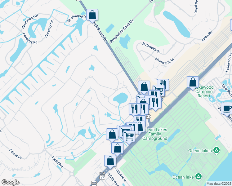 map of restaurants, bars, coffee shops, grocery stores, and more near 1809 Lake View Circle in Myrtle Beach