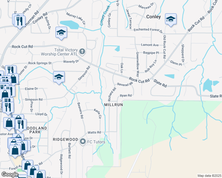 map of restaurants, bars, coffee shops, grocery stores, and more near 4465 Richard Rd in Conley