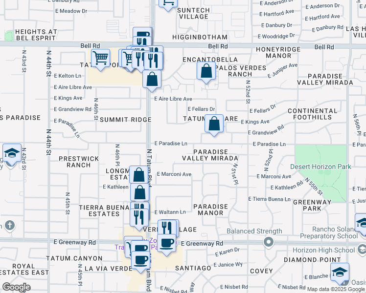 map of restaurants, bars, coffee shops, grocery stores, and more near 4915 East Paradise Lane in Scottsdale