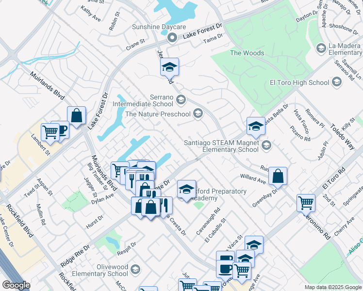 map of restaurants, bars, coffee shops, grocery stores, and more near 24585 Overlake in Lake Forest