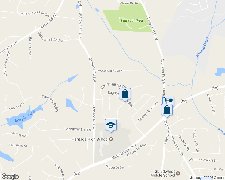 map of restaurants, bars, coffee shops, grocery stores, and more near 1649 Sugarmaple Drive Southwest in Conyers