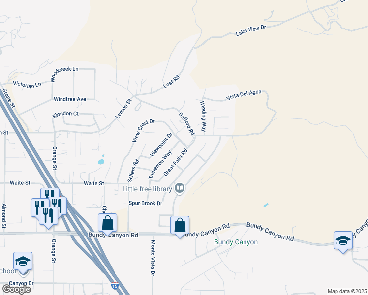 map of restaurants, bars, coffee shops, grocery stores, and more near 33577 Great Falls Road in Wildomar