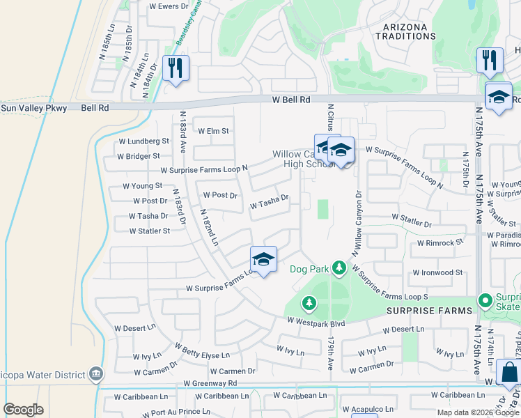 map of restaurants, bars, coffee shops, grocery stores, and more near 18075 West Tasha Drive in Surprise