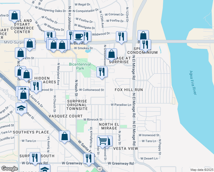 map of restaurants, bars, coffee shops, grocery stores, and more near 16415 North Greasewood Street in Surprise