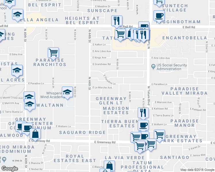 map of restaurants, bars, coffee shops, grocery stores, and more near 4520 East Le Marche Avenue in Phoenix