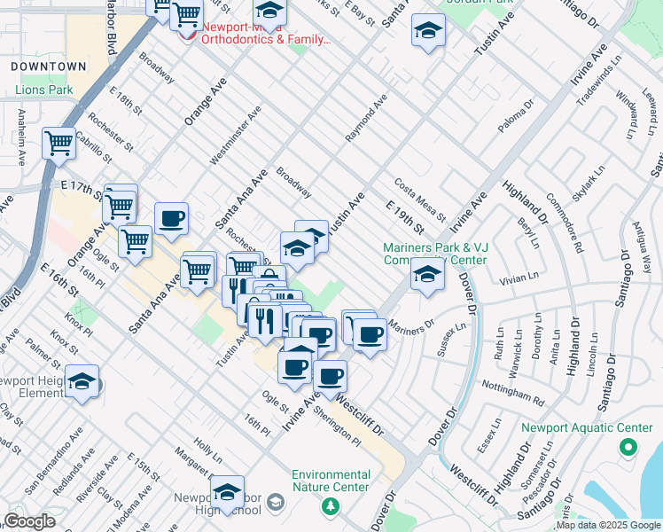 map of restaurants, bars, coffee shops, grocery stores, and more near 422 East 18th Street in Costa Mesa