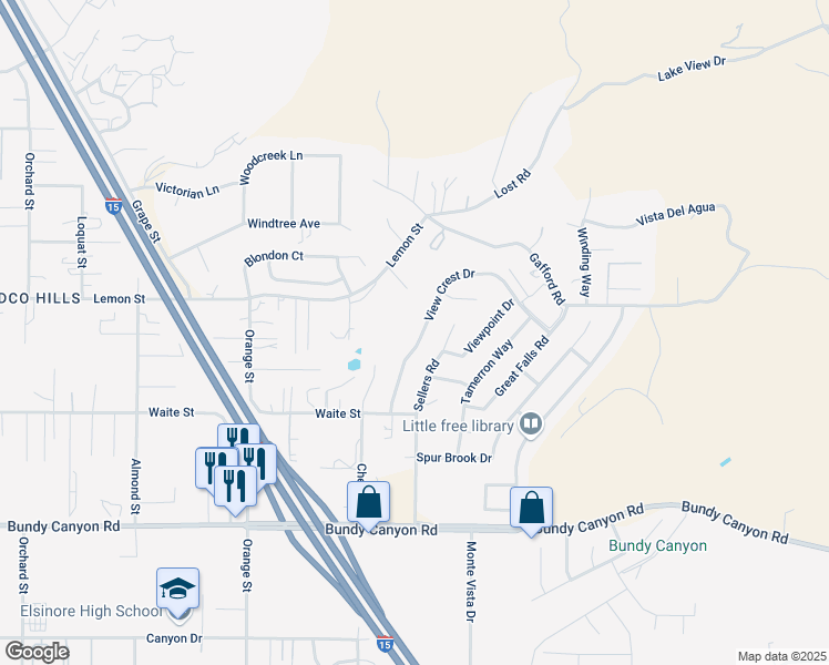 map of restaurants, bars, coffee shops, grocery stores, and more near 33589 View Crest Drive in Wildomar