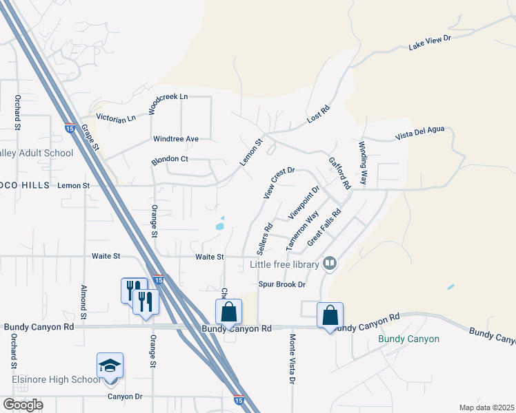 map of restaurants, bars, coffee shops, grocery stores, and more near 33589 View Crest Drive in Wildomar