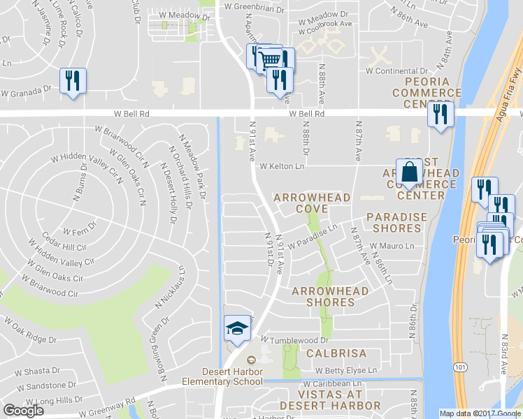 map of restaurants, bars, coffee shops, grocery stores, and more near 16569 North 91st Drive in Peoria