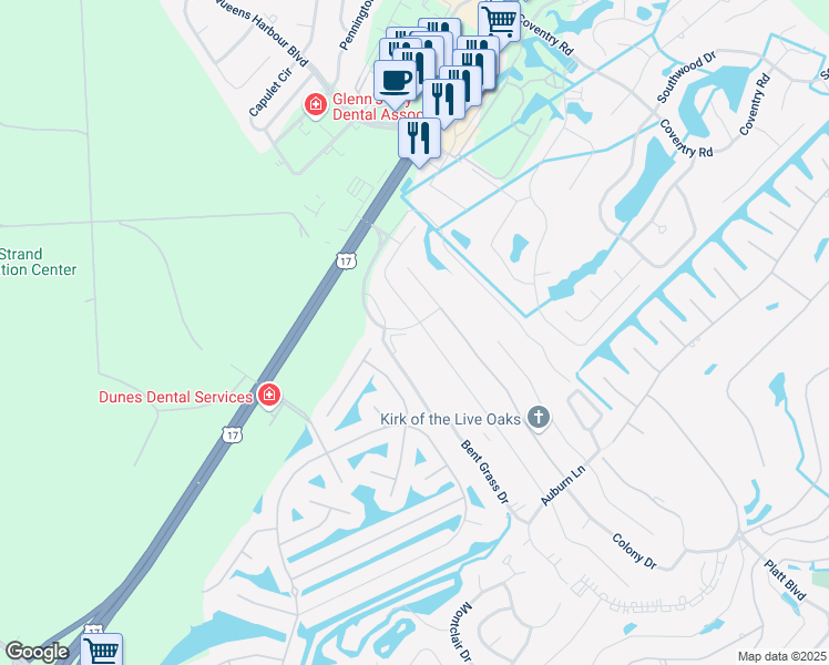 map of restaurants, bars, coffee shops, grocery stores, and more near 2090 Cross Gate Boulevard in Myrtle Beach