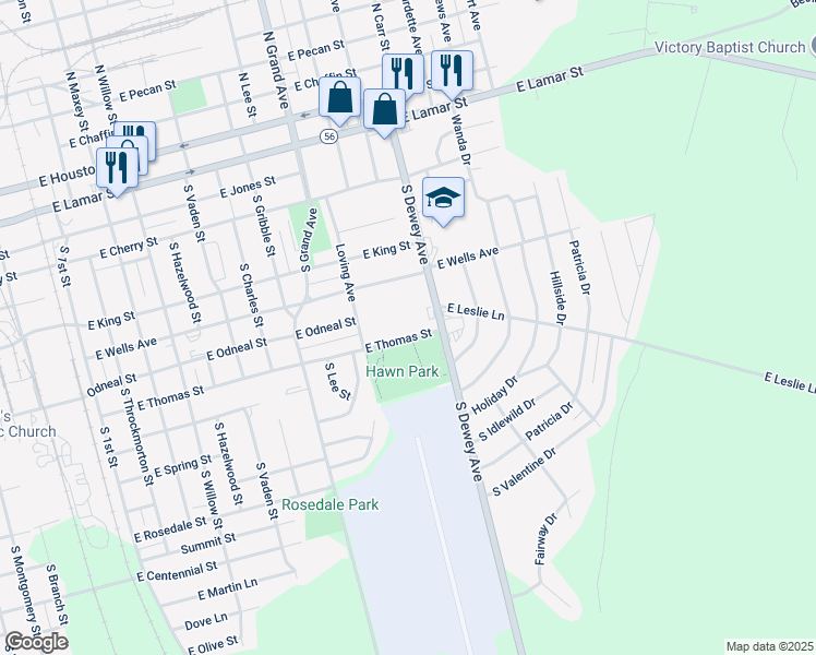 map of restaurants, bars, coffee shops, grocery stores, and more near 1611 East Thomas Street in Sherman