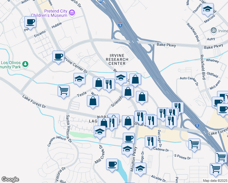 map of restaurants, bars, coffee shops, grocery stores, and more near 551 Wald in Irvine