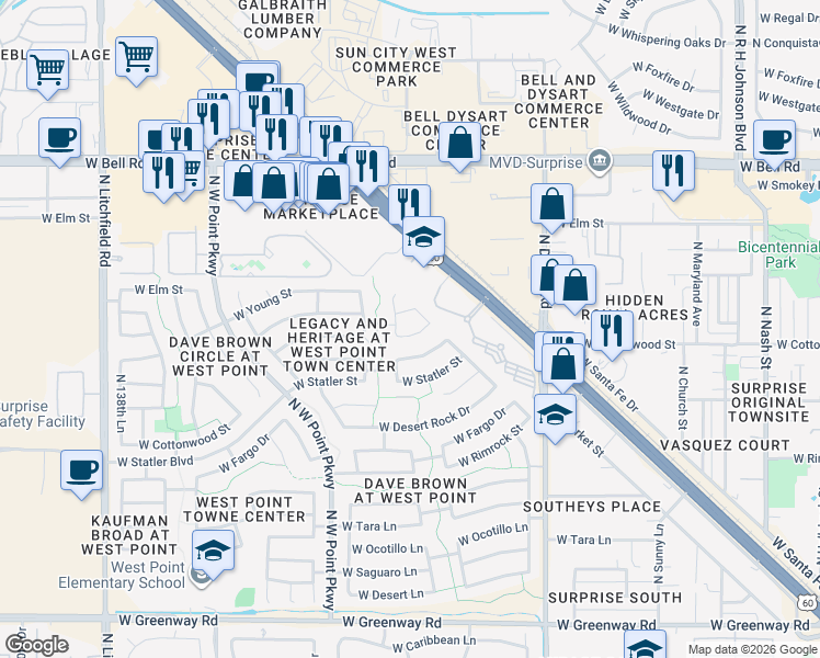 map of restaurants, bars, coffee shops, grocery stores, and more near 13319 West Post Drive in Surprise