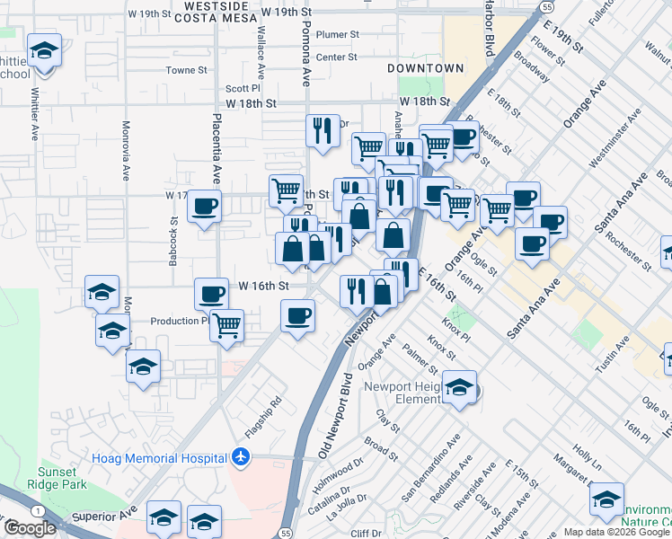 map of restaurants, bars, coffee shops, grocery stores, and more near 1560 Superior Avenue in Costa Mesa