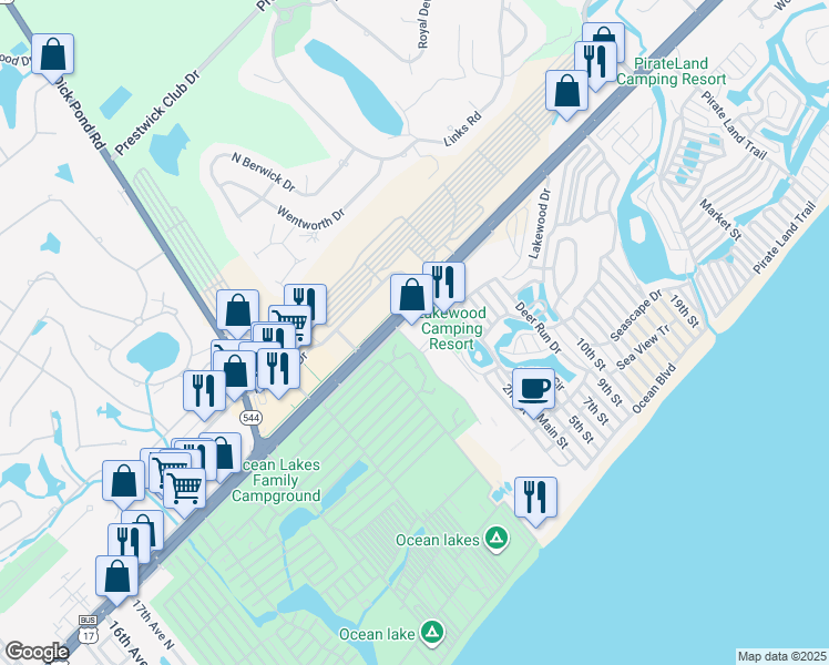 map of restaurants, bars, coffee shops, grocery stores, and more near 5605 South Kings Highway in Myrtle Beach