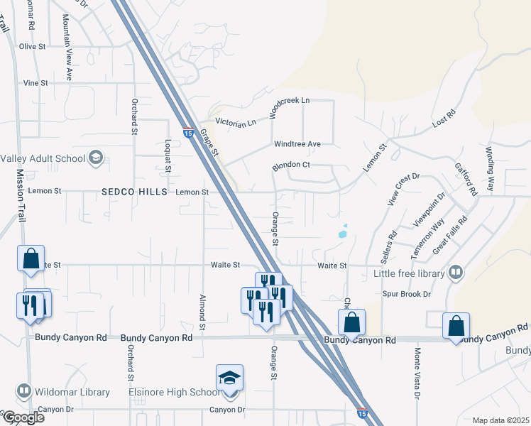map of restaurants, bars, coffee shops, grocery stores, and more near 21960 Pleasant Lane in Wildomar