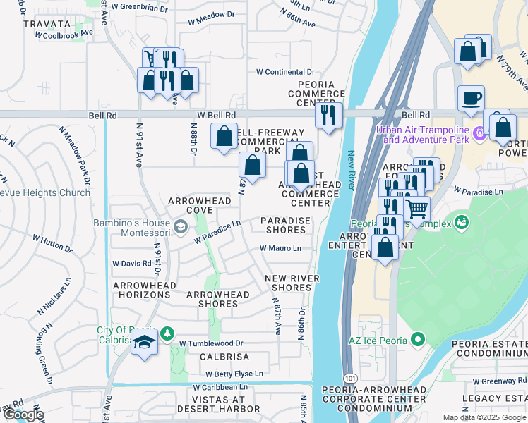 map of restaurants, bars, coffee shops, grocery stores, and more near 8642 West Paradise Lane in Peoria