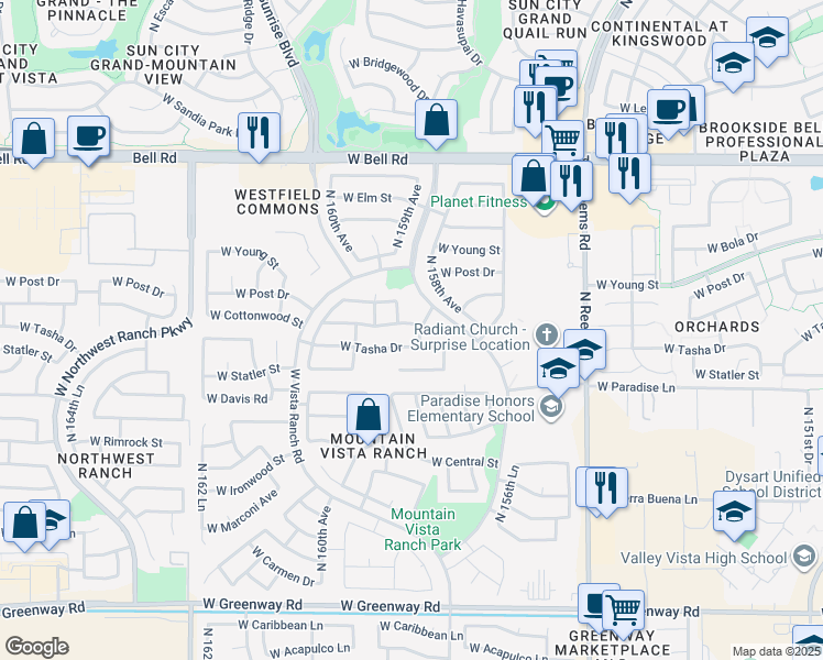 map of restaurants, bars, coffee shops, grocery stores, and more near 15888 West Tasha Drive in Surprise