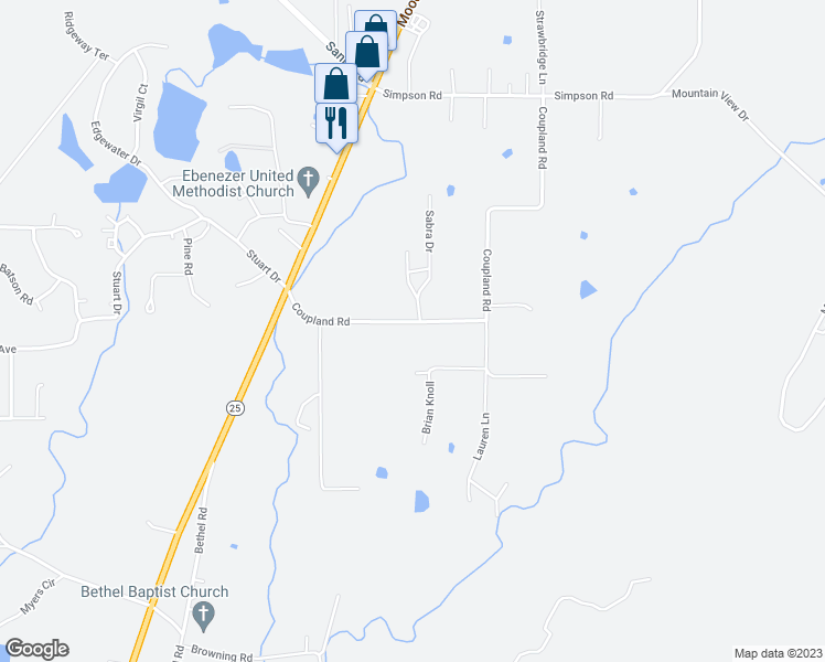 map of restaurants, bars, coffee shops, grocery stores, and more near 340 Coupland Road in Odenville