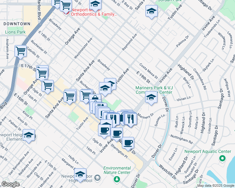 map of restaurants, bars, coffee shops, grocery stores, and more near 422 East 18th Street in Costa Mesa