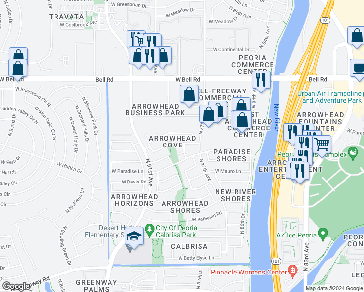 map of restaurants, bars, coffee shops, grocery stores, and more near 8807 West Wedgewood Drive in Peoria