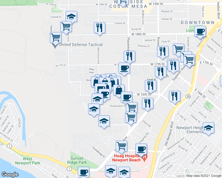 map of restaurants, bars, coffee shops, grocery stores, and more near 1609 Babcock Street in Newport Beach