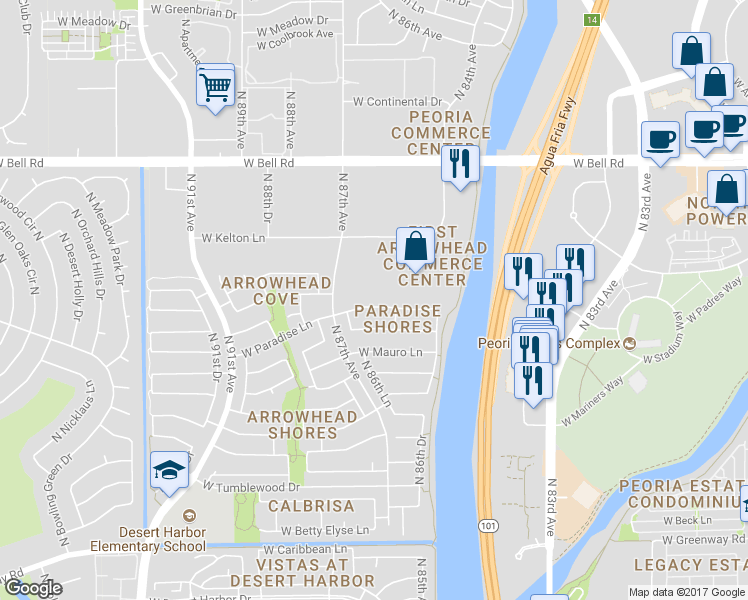map of restaurants, bars, coffee shops, grocery stores, and more near 8642 West Paradise Lane in Peoria