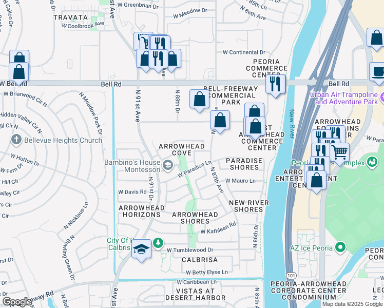 map of restaurants, bars, coffee shops, grocery stores, and more near 16215 North 88th Avenue in Peoria