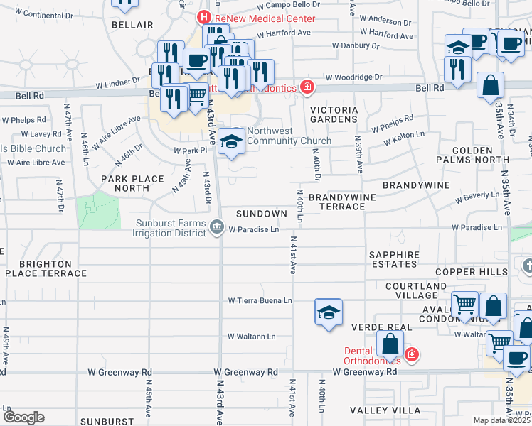 map of restaurants, bars, coffee shops, grocery stores, and more near 4201 West Sandra Terrace in Phoenix