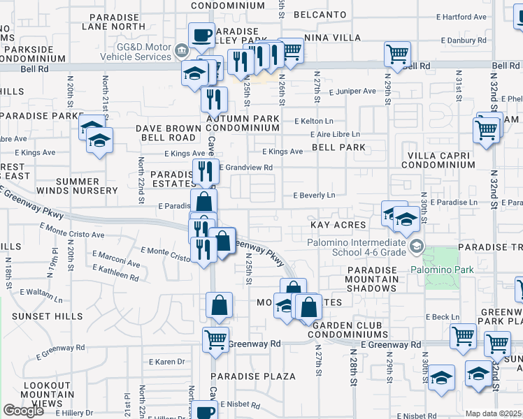 map of restaurants, bars, coffee shops, grocery stores, and more near 2514 East Paradise Lane in Phoenix
