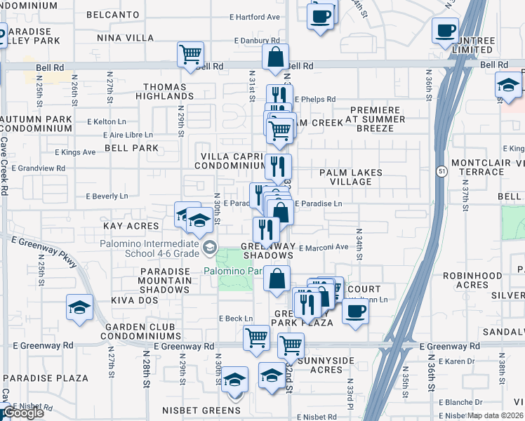 map of restaurants, bars, coffee shops, grocery stores, and more near 16042 North 31st Street in Phoenix
