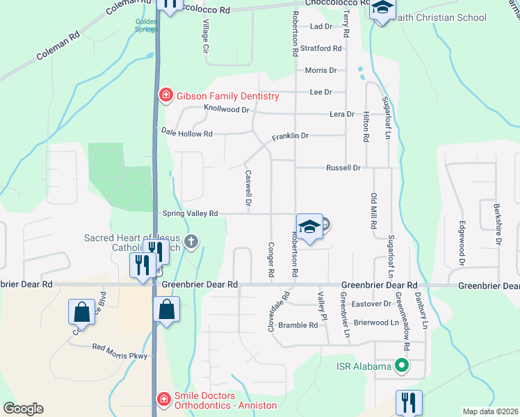 map of restaurants, bars, coffee shops, grocery stores, and more near 1112 Conger Road in Anniston