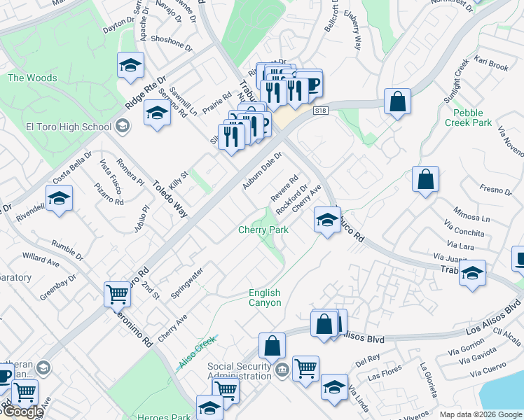 map of restaurants, bars, coffee shops, grocery stores, and more near 22712 Foxborough Way in Lake Forest