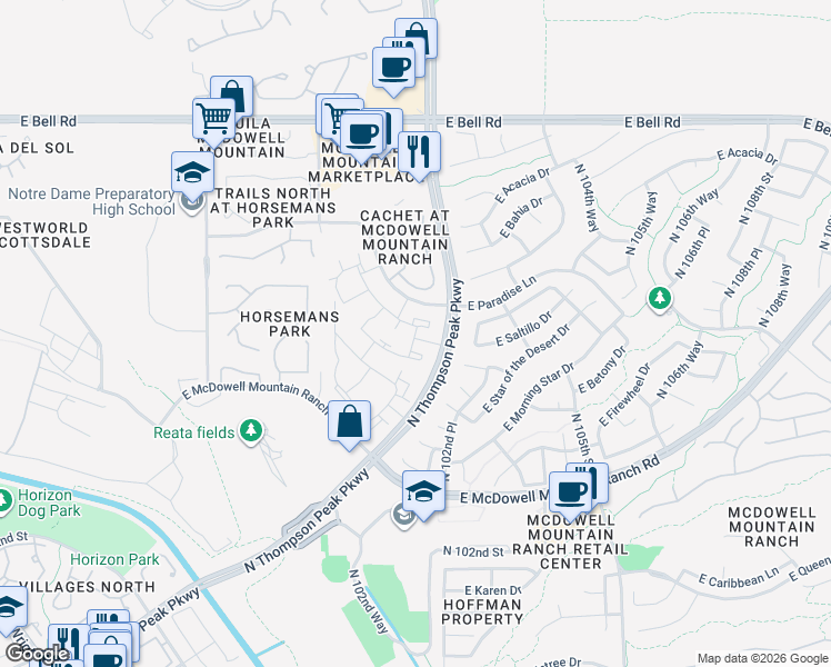map of restaurants, bars, coffee shops, grocery stores, and more near 16356 North Thompson Peak Parkway in Scottsdale