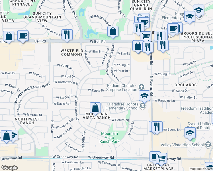 map of restaurants, bars, coffee shops, grocery stores, and more near 15885 West Cottonwood Street in Surprise