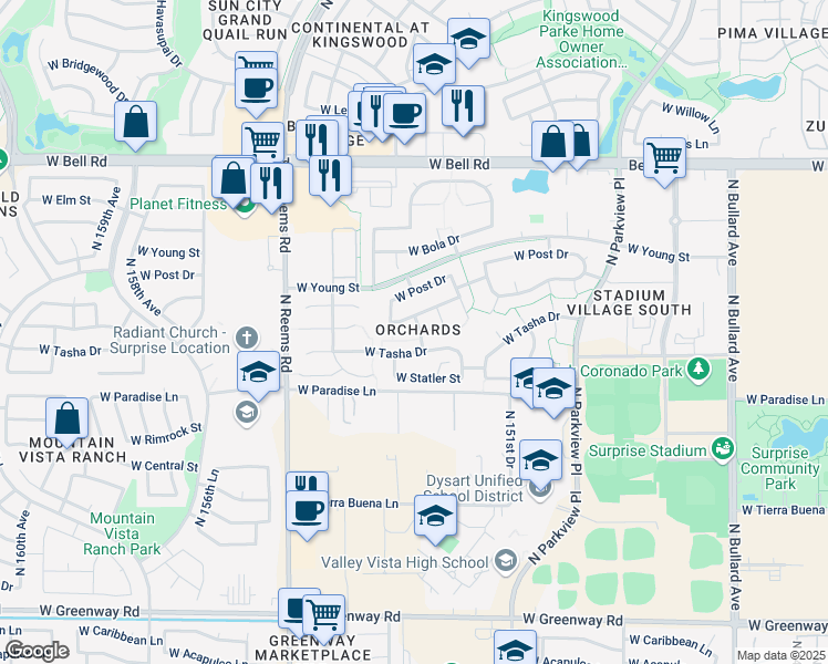 map of restaurants, bars, coffee shops, grocery stores, and more near 15264 West Tasha Drive in Surprise