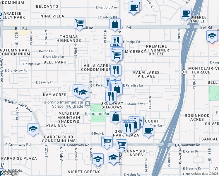 map of restaurants, bars, coffee shops, grocery stores, and more near 16042 North 31st Street in Phoenix