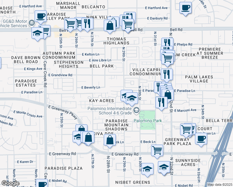 map of restaurants, bars, coffee shops, grocery stores, and more near 2814 East Le Marche Avenue in Phoenix