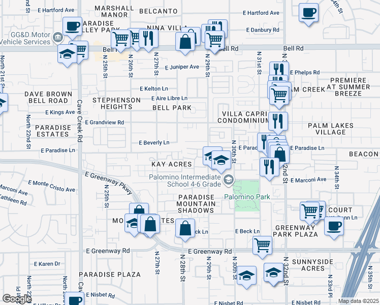 map of restaurants, bars, coffee shops, grocery stores, and more near 2814 East Le Marche Avenue in Phoenix