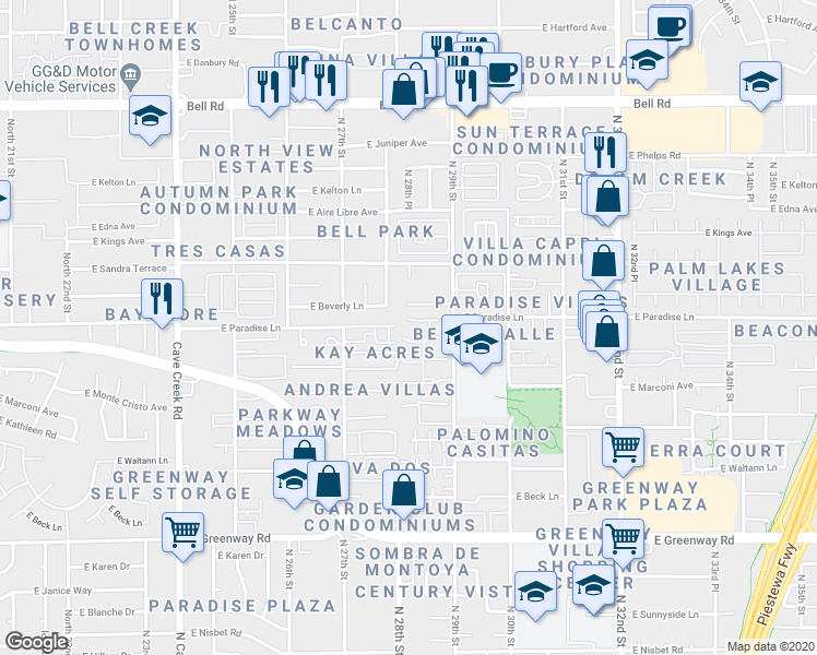 map of restaurants, bars, coffee shops, grocery stores, and more near 2814 East Le Marche Avenue in Phoenix