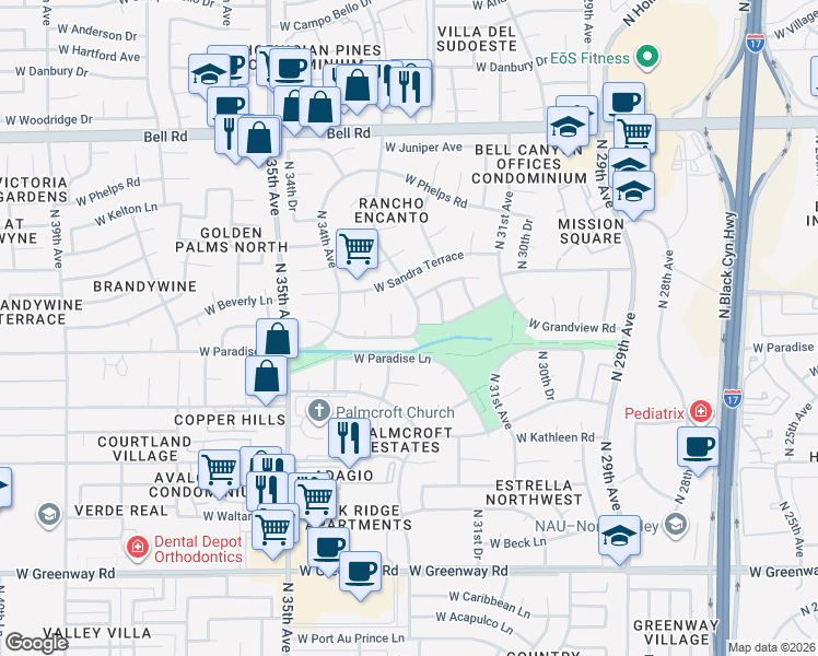 map of restaurants, bars, coffee shops, grocery stores, and more near 16201 North 33rd Lane in Phoenix