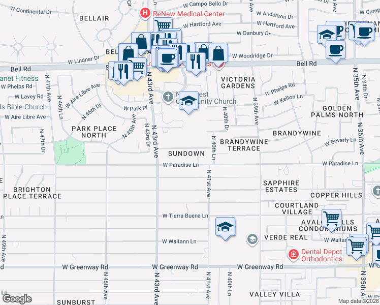 map of restaurants, bars, coffee shops, grocery stores, and more near 4201 West Sandra Terrace in Phoenix