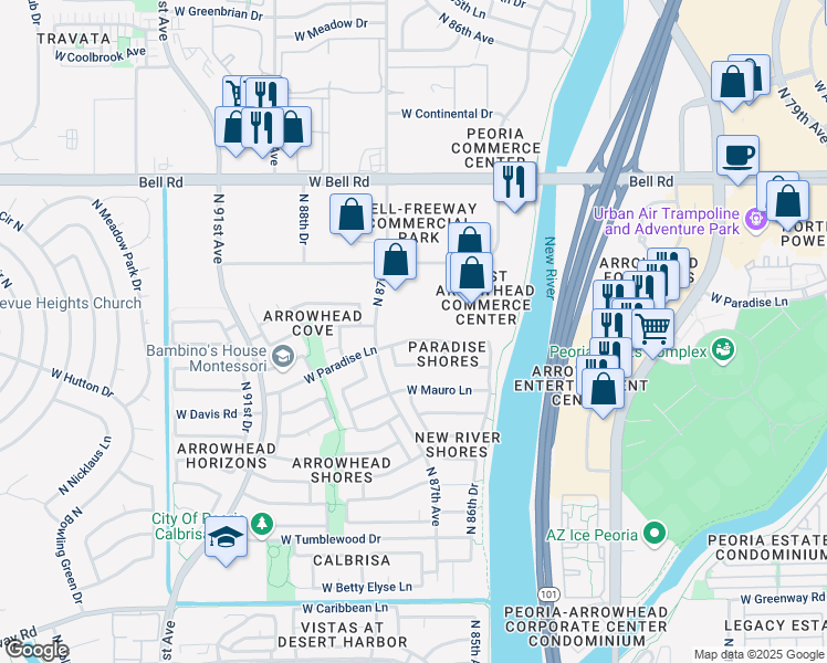 map of restaurants, bars, coffee shops, grocery stores, and more near 8642 West Paradise Lane in Peoria
