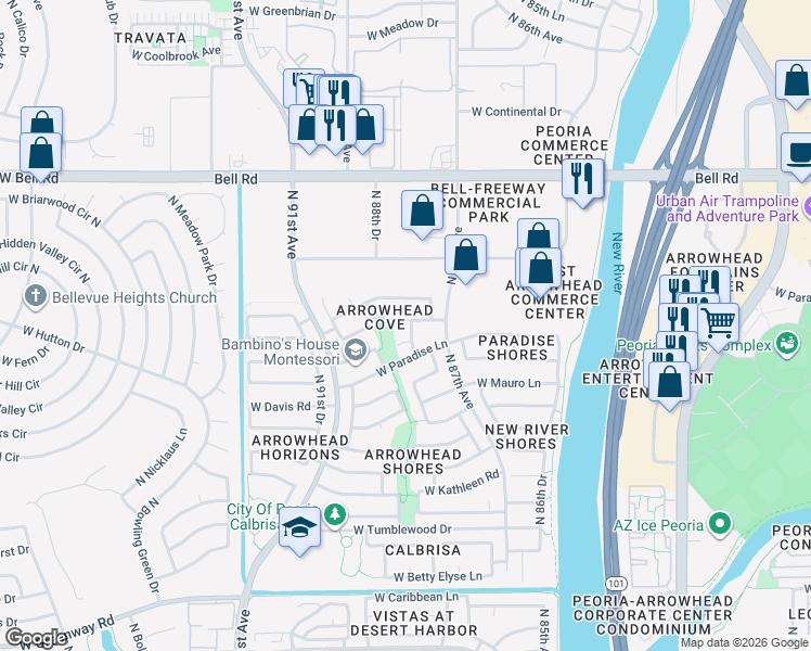 map of restaurants, bars, coffee shops, grocery stores, and more near 16215 North 88th Avenue in Peoria