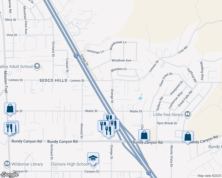 map of restaurants, bars, coffee shops, grocery stores, and more near 21960 Pleasant Lane in Wildomar