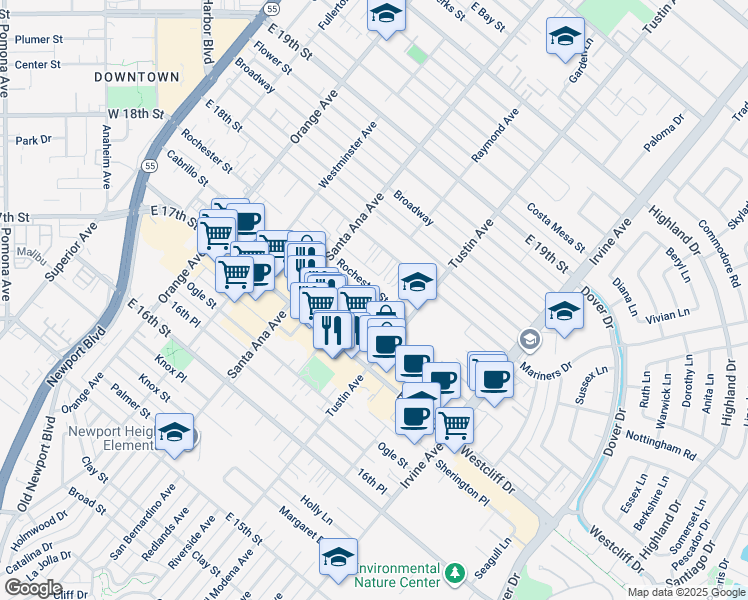 map of restaurants, bars, coffee shops, grocery stores, and more near 367 Rochester Street in Costa Mesa