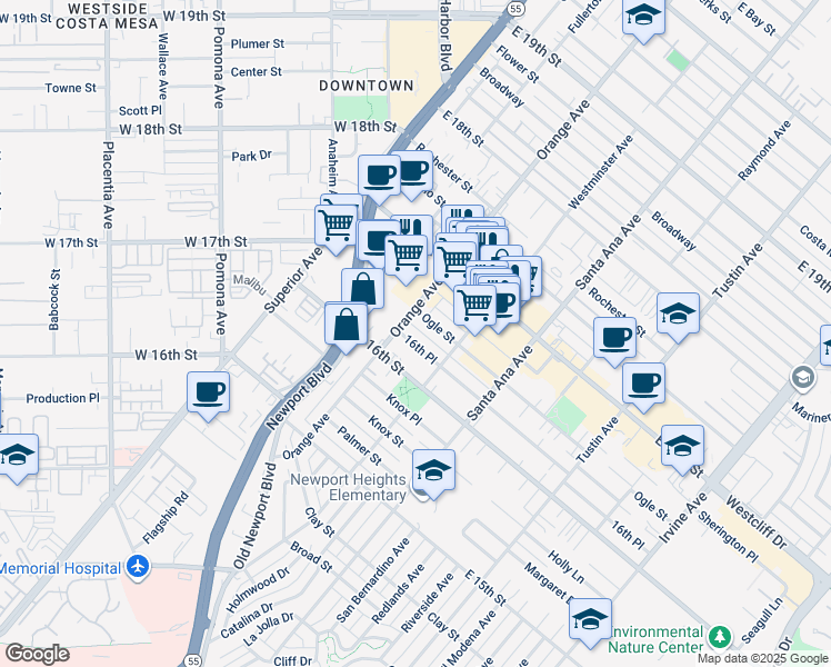 map of restaurants, bars, coffee shops, grocery stores, and more near 225 Ogle Street in Costa Mesa