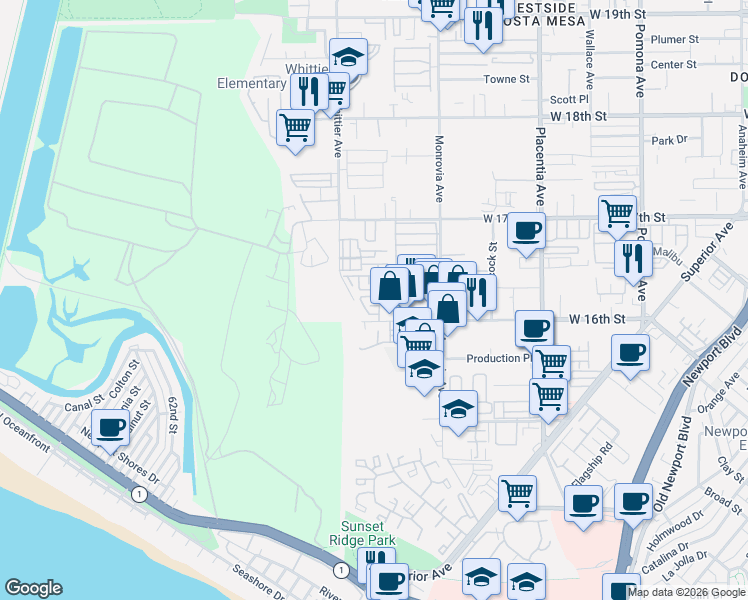 map of restaurants, bars, coffee shops, grocery stores, and more near 1001 Katama Bay Dr in Costa Mesa
