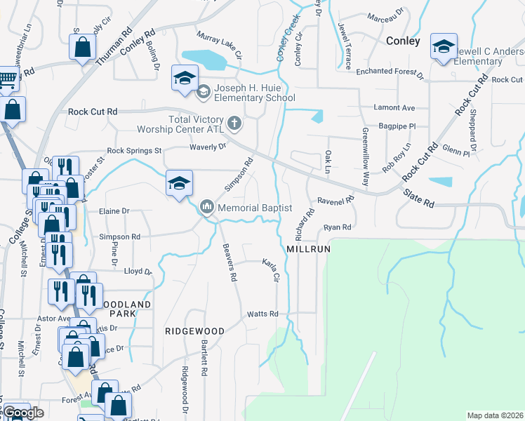 map of restaurants, bars, coffee shops, grocery stores, and more near 552 Simpson Place Drive in Forest Park