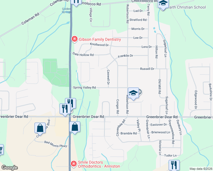 map of restaurants, bars, coffee shops, grocery stores, and more near 1112 Caswell Drive in Anniston